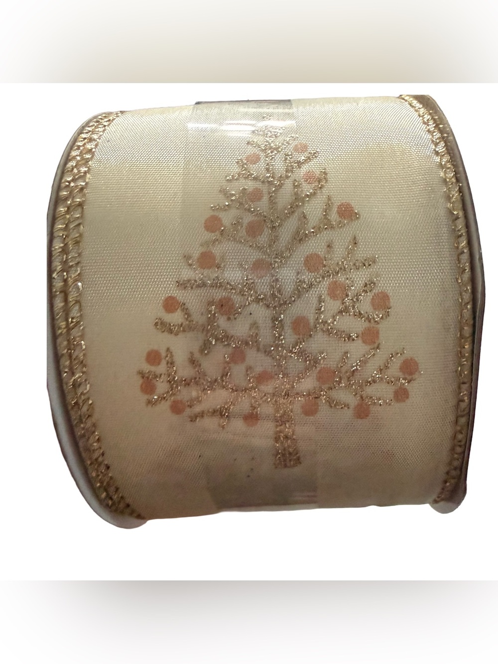 Cream And Gold Glitter Christmas Tree Wired Ribbon 2.5”x25ft
